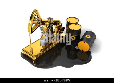 Pumpjack bloccato, barili e olio versato su sfondo bianco. Concetto di riduzione della produzione di olio. Foto Stock