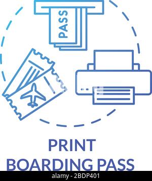 Stampa dell'icona del concetto della carta d'imbarco elettronica dell'aereo. Acquisto di biglietti aerei, check-in online completando l'illustrazione della linea sottile idea. Vettore Illustrazione Vettoriale