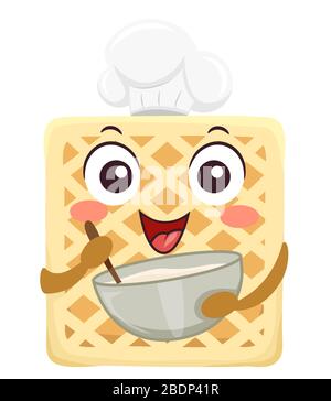 Illustrazione di una mascotte di waffle che indossa il cappello dello Chef e che mescola la farina su una ciotola Foto Stock