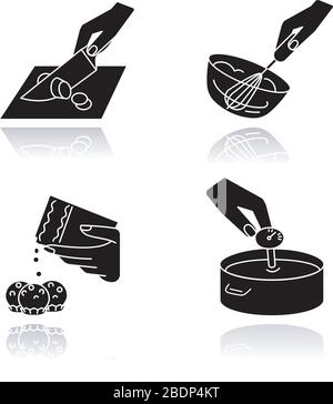 Metodi culinari drop ombra nero glyph icone set. Preparazione del cibo, tecniche di cottura. Taglio, cheesemaking, panna montata e candy making Illustrazione Vettoriale