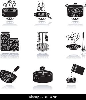 Preparazione del cibo ombra goccia nero glyph icone set. Tecniche di cottura differenti, processo di preparazione di pasto. Vari ingredienti e utensili da cucina Illustrazione Vettoriale