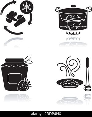 Metodi culinari drop ombra nero glyph icone set. Tecniche di preparazione e conservazione dei prodotti. Congelamento degli alimenti, inscatolamento, cottura a vapore e purea Illustrazione Vettoriale