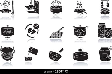 Processo di cottura ombra goccia nero icone glifo impostato. Diversi metodi di preparazione degli alimenti, varie tecniche culinarie. Ingredienti e utensili da cucina Illustrazione Vettoriale