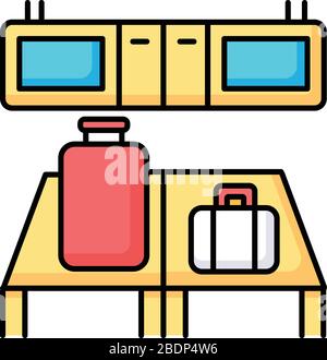 Icona colore RGB per il controllo personalizzato del bagaglio. Bagagli al banco del terminal dell'aeroporto. Controllo di frontiera dei bagagli dei passeggeri. Nastro trasportatore con valigie. Aereo Illustrazione Vettoriale