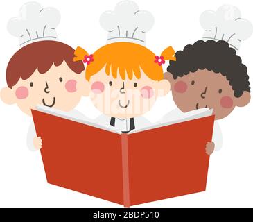 Illustrazione dei bambini che indossano il cappello dello Chef e che leggono un libro grande di cottura o di ricetta Foto Stock