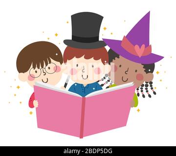 Illustrazione dei bambini che indossano il cappello del mago e della strega e che leggono un libro per imparare la magia Foto Stock