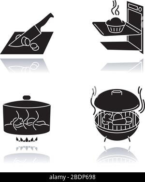Metodi di cottura ombra gocce nero icone glifo impostato. Varie tecniche culinarie, processo di preparazione dell'alimento. Taglio, cottura, cottura a vapore e grigliatura Illustrazione Vettoriale