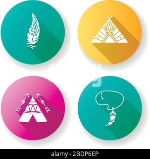 Nativo americano indiano accessori piatto disegno lungo ombra glyph icone set. Collana con dente, piuma d'aquila. Wigwam con frecce e etnico Illustrazione Vettoriale