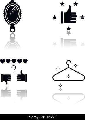 Moda e bellezza goccia ombra nero glyph icone set. Consiglio con cinque stelle. Tasso di revisione. Appendiabiti vuoto. Armadio per vestiti. Soddisfazione Illustrazione Vettoriale