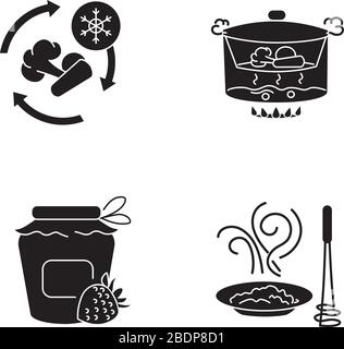 Metodi culinari icone glyph nero impostato su spazio bianco. Tecniche di preparazione e conservazione dei prodotti simboli di silhouette. Congelamento di cibo, inscatolamento Illustrazione Vettoriale
