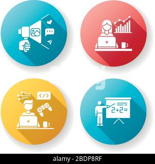Freelance professioni disegno piatto icone glyph ombra lunga set. Marketologist e coordinatore dei social media, sviluppatore di giochi e tutor online. Affari Illustrazione Vettoriale