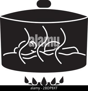 Icona a forma di glifo nero. Delizioso sugo, processo di preparazione gulasch. Metodo di cottura, tecnica culinaria silhouette simbolo su spazio bianco. Pan con Illustrazione Vettoriale