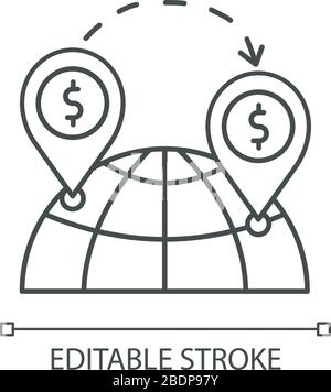 Icona lineare perfetta pixel di investimento diretto estero. Commercio mondiale, controllo della proprietà. Illustrazione personalizzabile a linee sottili. Simbolo contorno Illustrazione Vettoriale