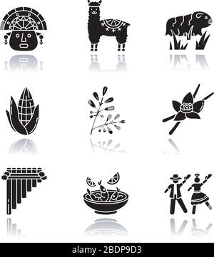 Perù ombra goccia nero glyph icone set. Storia ispanica, tradizioni, cultura, cucina. Incas, alpaca, cavia, mais, coca, vaniglia, ceviche Illustrazione Vettoriale