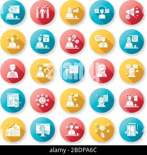 Freelance professioni disegno piatto icone glyph ombra lunga set. Sviluppo Web e progettazione grafica, copywriting. Branding e gestione delle risorse umane, dati Illustrazione Vettoriale