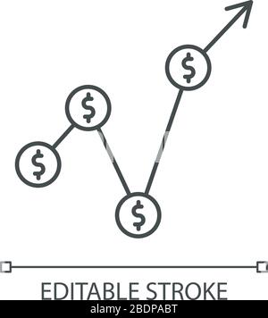 Icona lineare perfetta pixel prodotto interno lordo. Misura monetaria del valore di mercato. Illustrazione personalizzabile a linee sottili. Simbolo contorno. Vettore isolato Illustrazione Vettoriale