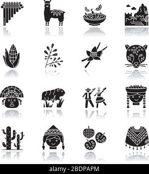 Perù ombra goccia nero glyph icone set. Luoghi peruviani, cultura, natura, cucina. Alpaca, porcellino d'India, siku, poncho, cherimoya, ceviche, jaguar Illustrazione Vettoriale