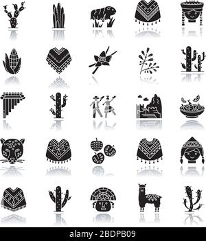Perù ombra goccia nero glyph icone set. Luoghi della campagna andina, tradizioni, cucina, agricoltura, animali. Siku, cherimoya, jaguar, incas, marinera Illustrazione Vettoriale