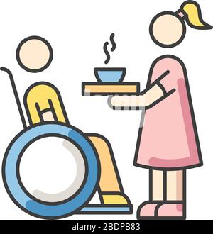 Icona colore RGB per esigenze speciali. L'assistente sociale aiuta la persona anziana. Disabili in sedia a rotelle. Donna che allatta paziente ospedaliero. Assistenza per l'uomo anziano Illustrazione Vettoriale