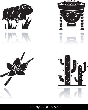 Perù ombra goccia nero glyph icone set. Caratteristiche per il paese di Incas. Porcellino della Guinea, ragazza peruviana, vaniglia, cactus. Tradizioni e natura della regione andina Illustrazione Vettoriale