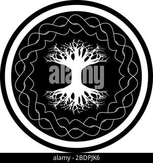 Icona in bianco e nero con yggdrasil - albero vichingo della vita nel cerchio celtico ornato Illustrazione Vettoriale