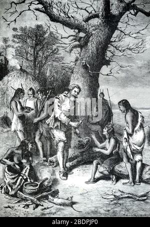 I conquistadores spagnoli incontrano indiani d'America nativi, indiani amazzoni o indigeni in Sud America. Vintage o Old Illustration o Engraving 1886 Foto Stock