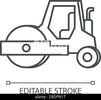 Icona lineare perfetta pixel Road Roller. Veicolo tipo compattatore per lavori edili. Illustrazione personalizzabile a linee sottili. Simbolo contorno. Vettore Illustrazione Vettoriale