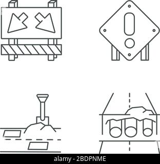 La strada funziona pixel perfetto icone lineari impostato. Segnale stradale per le auto a prendere deviazione. Pavimentazione di patching. Simboli di contorno a linea sottile personalizzabili. Isolato Illustrazione Vettoriale