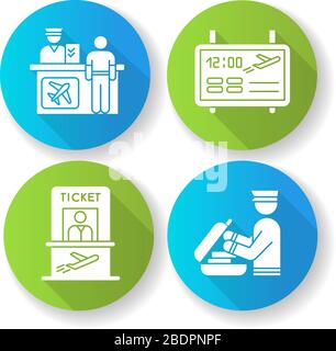 Set di icone glyph dal design piatto del terminale AirPort. Banco di registrazione per i passeggeri dell'aeroplano. Informazioni sui voli a bordo elettronico Illustrazione Vettoriale