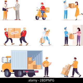 Servizio di consegna nel set di illustrazioni vettoriali piatte per focolai 19. Clienti e corrieri in maschere chirurgiche corredo di personaggi cartoni isolati. Persone Illustrazione Vettoriale