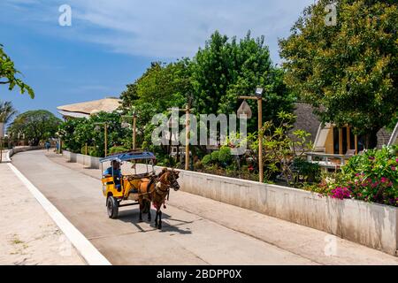 Vista orizzontale di un tradizionale taxi trainato da cavalli a Gili Trawangan, Indonesia. Foto Stock