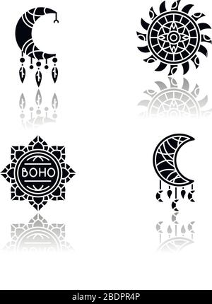 Accessori stile boho drop shadow nero glyph icone set. Amuleti esoterici. Amuleti a mezzaluna. Il fascino fatto a mano di Dreamcatcher. Vettore isolato Illustrazione Vettoriale