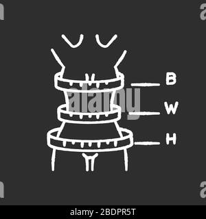 Donna proporzioni corpo gesso bianco icona su sfondo nero. Misurazioni femminili, specifiche di misura degli indumenti su misura. Busto, vita e fianchi Illustrazione Vettoriale