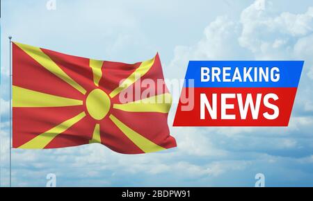 Ultime notizie. Notizie del mondo con backgorund che sventola bandiera nazionale della Macedonia del Nord. Illustrazione 3D. Foto Stock