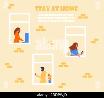 Concetto di soggiorno a casa. Facciata della casa con finestre di appartamenti. I vicini stanno facendo le cose quotidiane. La gente sta bevendo il tè, parlando. Campagna sociale e. Illustrazione Vettoriale