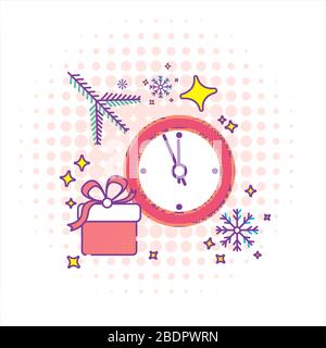 Nuovo anno e xmas modello di elemento. Albero di natale, i fiocchi di neve, rami di albero, e scatola di doni e presente al di sotto di esso. Orologi mostra 5 minuti per Illustrazione Vettoriale