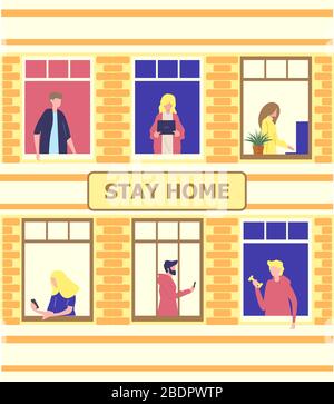 Concetto di soggiorno a casa. Facciata della casa con finestre di appartamenti. I vicini stanno facendo le cose quotidiane. La gente sta bevendo il tè, parlando. Campagna sociale e. Illustrazione Vettoriale