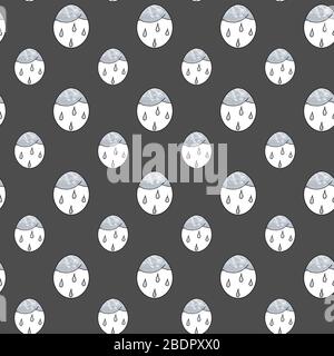 Uovo di Pasqua con motivo senza cuciture con gocce di nuvola e pioggia. Disegno manuale di uno schizzo acquerello su sfondo grigio. Illustrazione colorata. L'immagine può essere utilizzata in biglietti d'auguri, poster, volantini, banner, logo, ulteriore design, ecc. Foto Stock