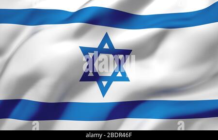 Bandiera di Israele che soffia nel vento. Bandiera israeliana a pagina intera. Illustrazione 3D. Foto Stock