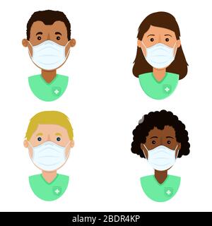 Set di professionisti sanitari con maschera chirurgica per la protezione. Diversità etnica dei personaggi. Illustrazione Vettoriale