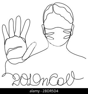 2019nCOV ragazza in maschera protettiva, profilo ritratto disegnato in una linea. Illustrazione vettoriale di stock isolato Illustrazione Vettoriale