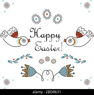 Felice illustrazione piazza di Pasqua, disegni a colori di uova, uccelli, fiori, linea d'arte, stile hygge. Ricamo popolare vintage, ornamento su uno sfondo bianco Illustrazione Vettoriale