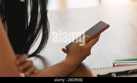 Immagine ritagliata delle mani di una giovane donna creativa che tiene uno smartphone con schermo vuoto mentre si è seduti alla scrivania sopra un comodo soggiorno come Foto Stock