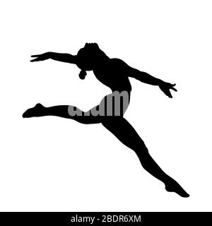 vista laterale donna ginnastica salto in ginnastica. silhouette nera Foto Stock
