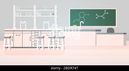 laboratorio chimico in classe scientifica interno del college universitario vuoto nessuna gente laboratorio con mobili orizzontale vettore illustrazione Illustrazione Vettoriale