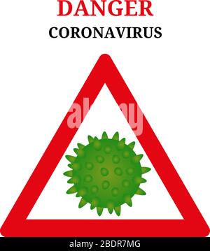 Coronavirus di pericolo. Modello astratto del nuovo coronavirus ncov-2019. Segno di coronavirus bloccato triangolo rosso. Concetto di microbiologia e virologia. Illustrazione Vettoriale