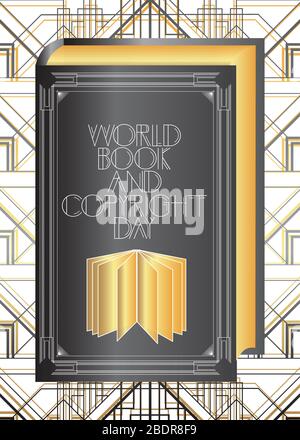 Biglietto Art Deco World Book and Copyright Day (aprile 23). Testo di saluto decorativo, cartello con lettere vintage. Illustrazione Vettoriale