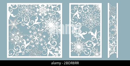 Pannelli ornamentali con schema a fiocco di neve. Taglio Laser pizzo decorativo confini pattern. Set di segnalibri modelli. Immagine adatta per il taglio laser, pl Illustrazione Vettoriale