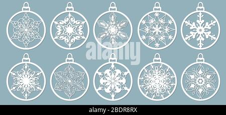 Le palle di Natale insieme con un fiocco di neve tagliare al di fuori della carta. I modelli per il taglio laser di taglio plotter o la stampa. Sfondo di festa Illustrazione Vettoriale