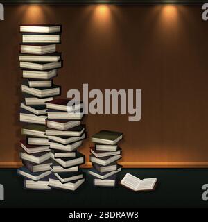 Vecchi libri 3d resi in una pila in interni astratti della stanza, illustrazione digitale. Foto Stock